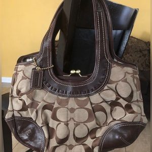 Coach Large Pleated Khaki Jacquard Brown Leather Hobo Shoulder Bag